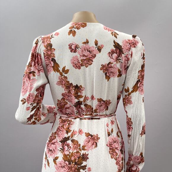 Rachel Parcell Dress Women 8 True Wrap Midi Pink Floral Print Dot Long Sleeve - Picture 5 of 9